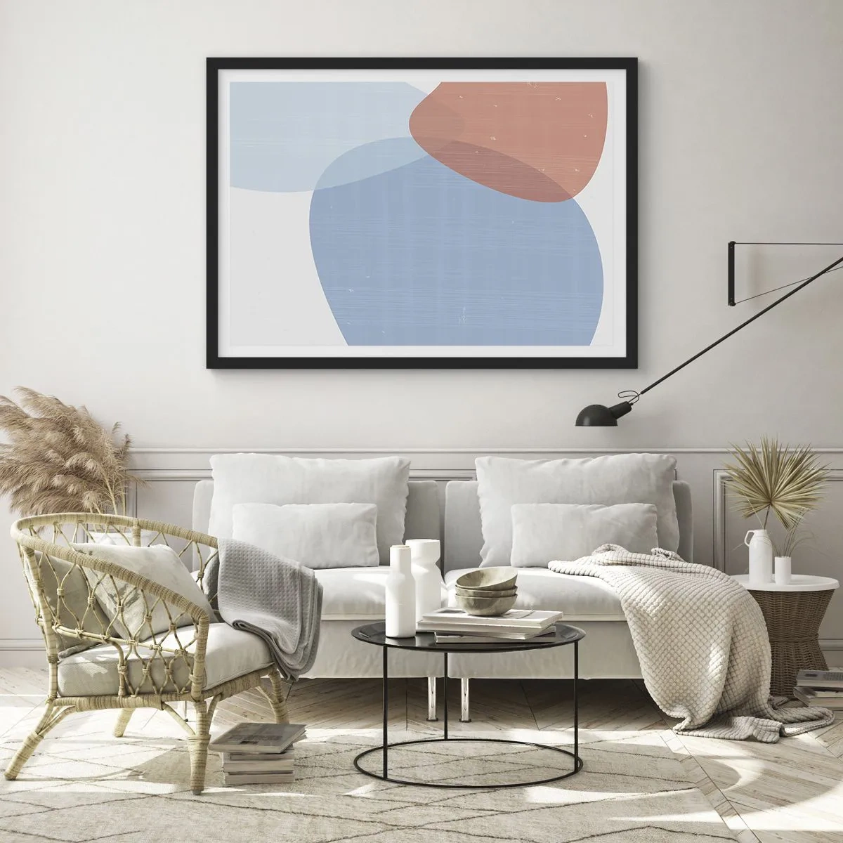 Affiche dans un cadre noir - Poster - Une composition abstraite dans des tons pastel de bleu et de rose avec des formes organiques. - 70x50cm - Relations pastel - Décoration murale moderne pour le salon et la chambre ARTTOR