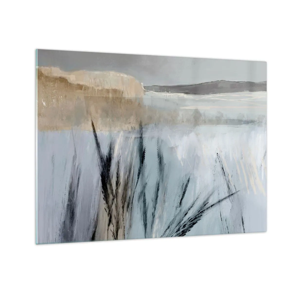 Impression sur verre - Image sur verre - Paysage d'hiver avec des herbes sur fond de champs enneigés - 70x50cm - Champs d'hiver - Décoration murale moderne pour le salon et la chambre ARTTOR