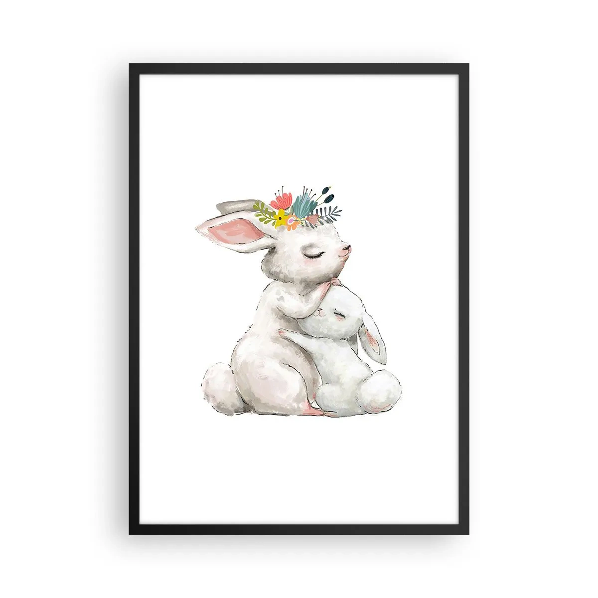 Affiche dans un cadre noir - Poster - Deux lapins enlacés avec une couronne de fleurs sur la tête - 50x70cm - Maman irremplaçable - Décoration murale moderne pour le salon et la chambre ARTTOR