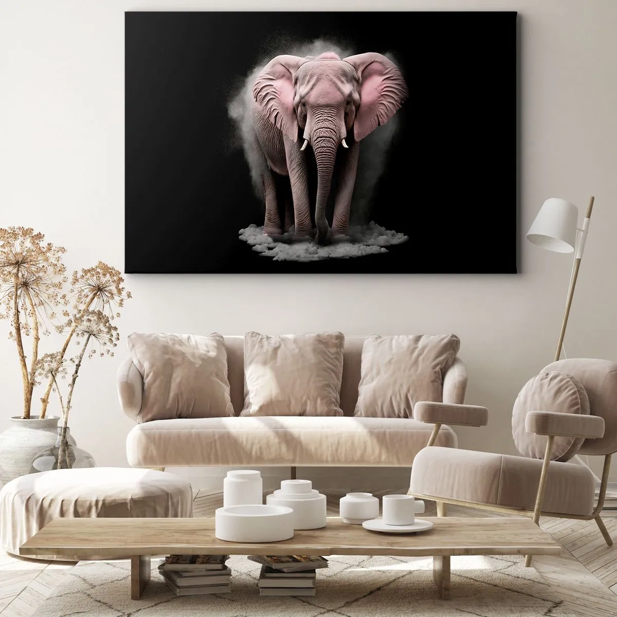 Impression sur toile - Image sur toile - Une interprétation artistique d'un éléphant rose sur fond noir - 70x50cm - Ne pensez pas à un éléphant rose ! - Décoration murale moderne pour le salon et la chambre ARTTOR