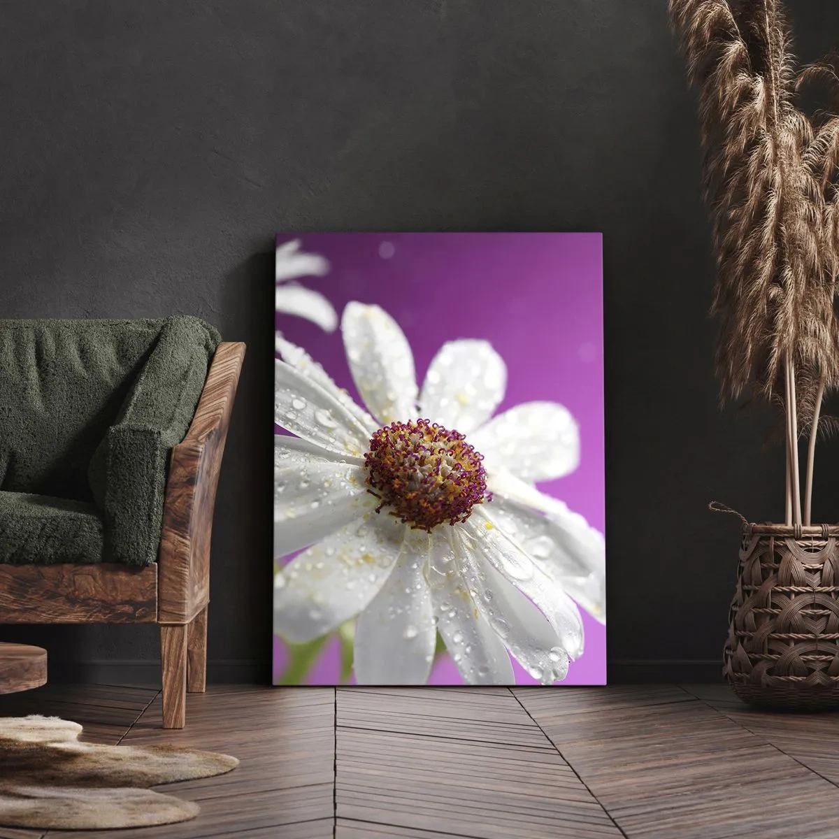 Impression sur toile - Image sur toile - Une marguerite blanche recouverte de gouttes d'eau sur un fond rose - 50x70cm - Modeste dans sa beauté - Décoration murale moderne pour le salon et la chambre ARTTOR