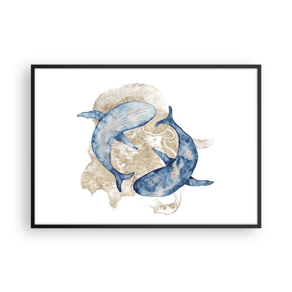 Affiche dans un cadre noir - Poster - Baleines bleues abstraites sur fond clair - 100x70cm - Amis ou amoureux? - Décoration murale moderne pour le salon et la chambre ARTTOR
