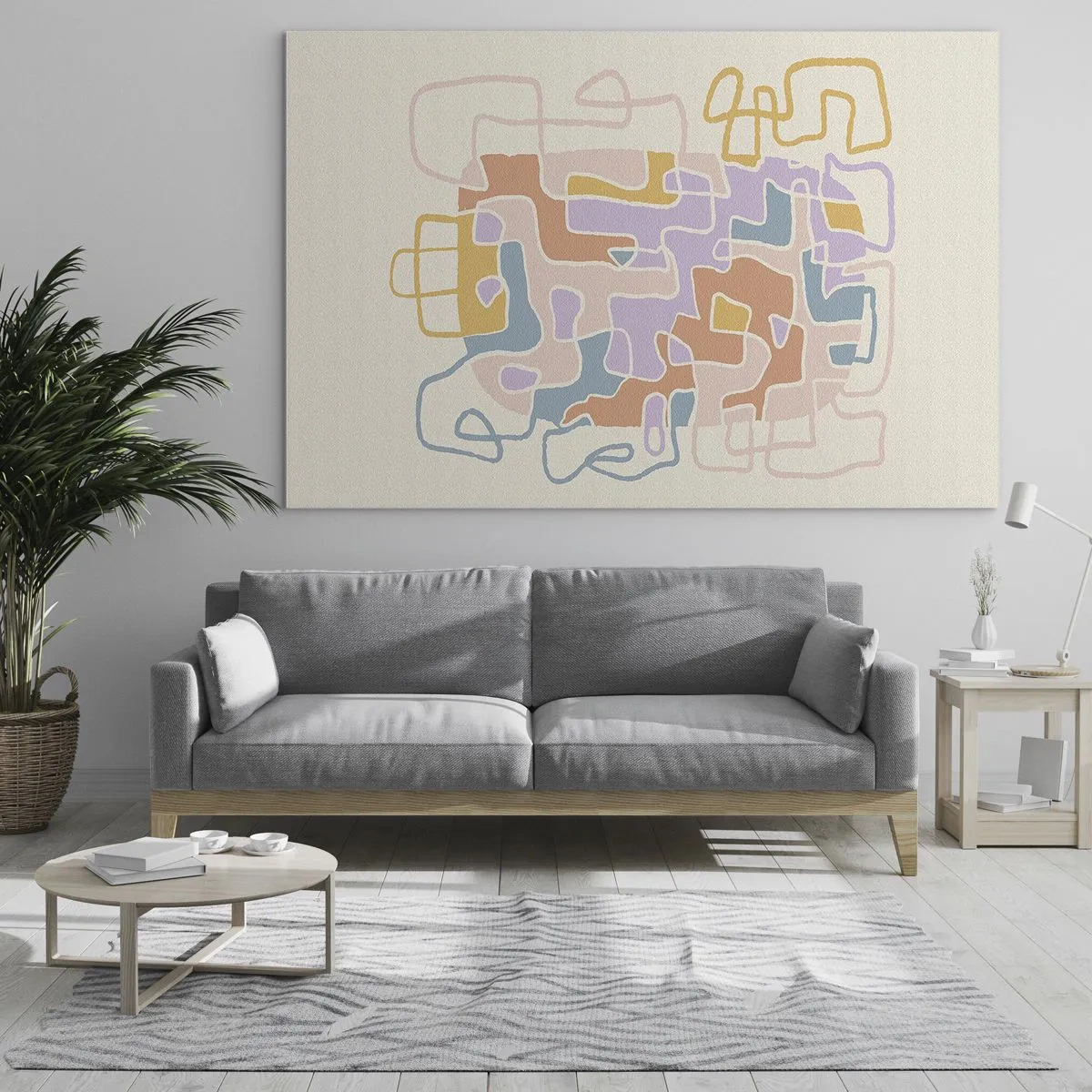 Impression sur verre - Image sur verre - Un labyrinthe coloré de lignes sur un fond crème - 70x50cm - Labyrinthe – une aventure joyeuse - Décoration murale moderne pour le salon et la chambre ARTTOR