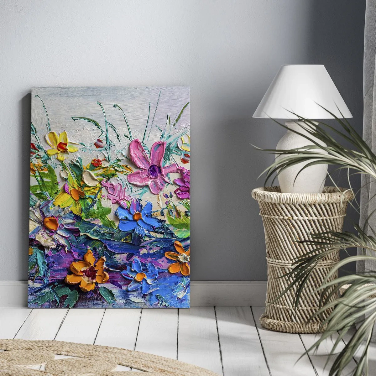 Impression sur toile - Image sur toile - Un bouquet de fleurs coloré peint selon la technique de l'empâtement - 70x100cm - Absolument pas une nature morte - Décoration murale moderne pour le salon et la chambre ARTTOR