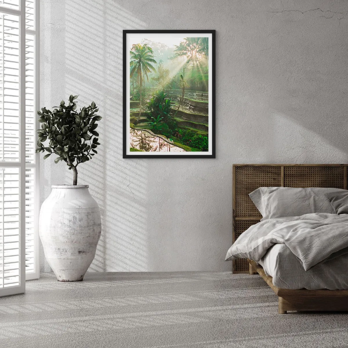 Affiche dans un cadre noir - Poster - Paysage tropical avec rizières en terrasses et soleil - 50x70cm - Grandir au soleil - Décoration murale moderne pour le salon et la chambre ARTTOR