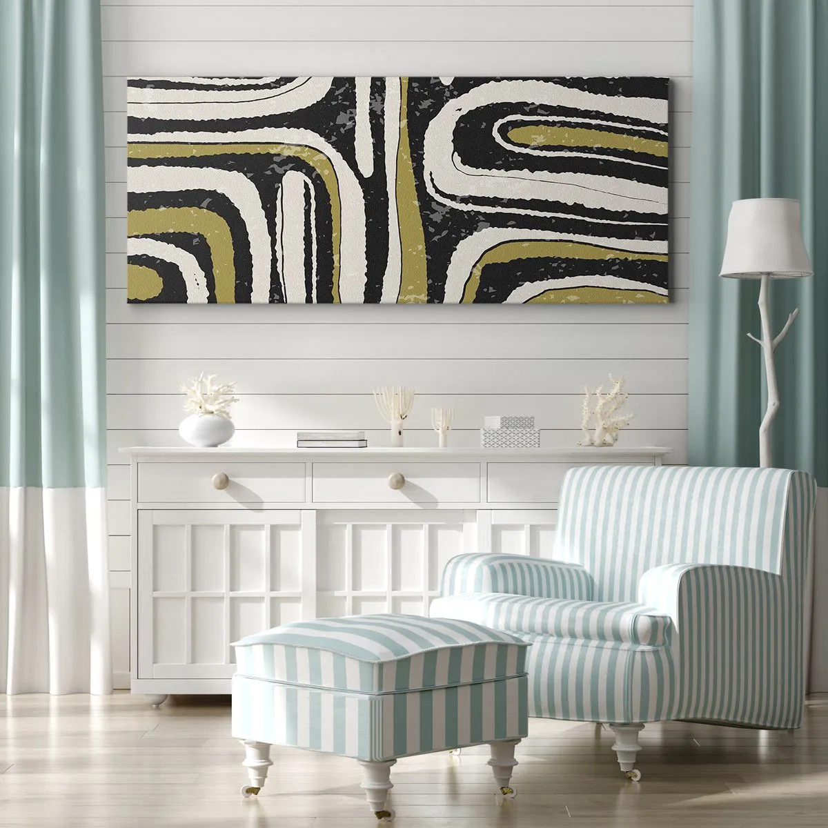 Impression sur toile - Image sur toile - Motif abstrait en noir, blanc et or - 140x50cm - Composition : routes et ruelles - Décoration murale moderne pour le salon et la chambre ARTTOR