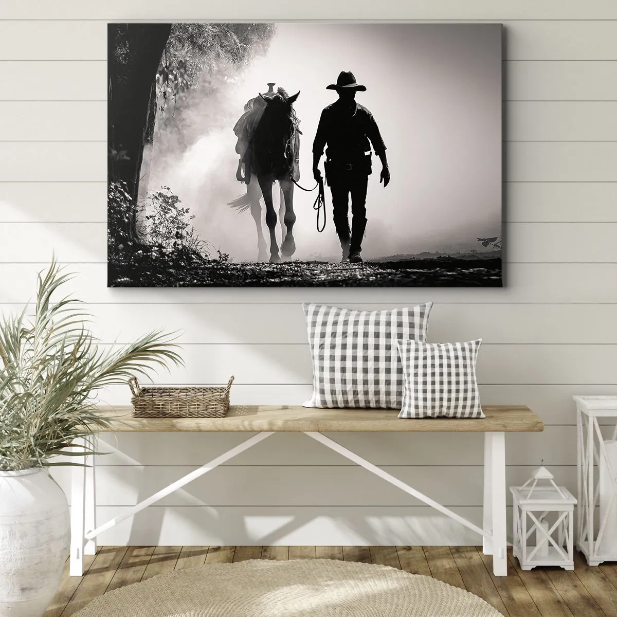 Impression sur toile - Image sur toile - Cowboy avec cheval dans le brouillard matinal - 70x50cm - Matinée texane - Décoration murale moderne pour le salon et la chambre ARTTOR