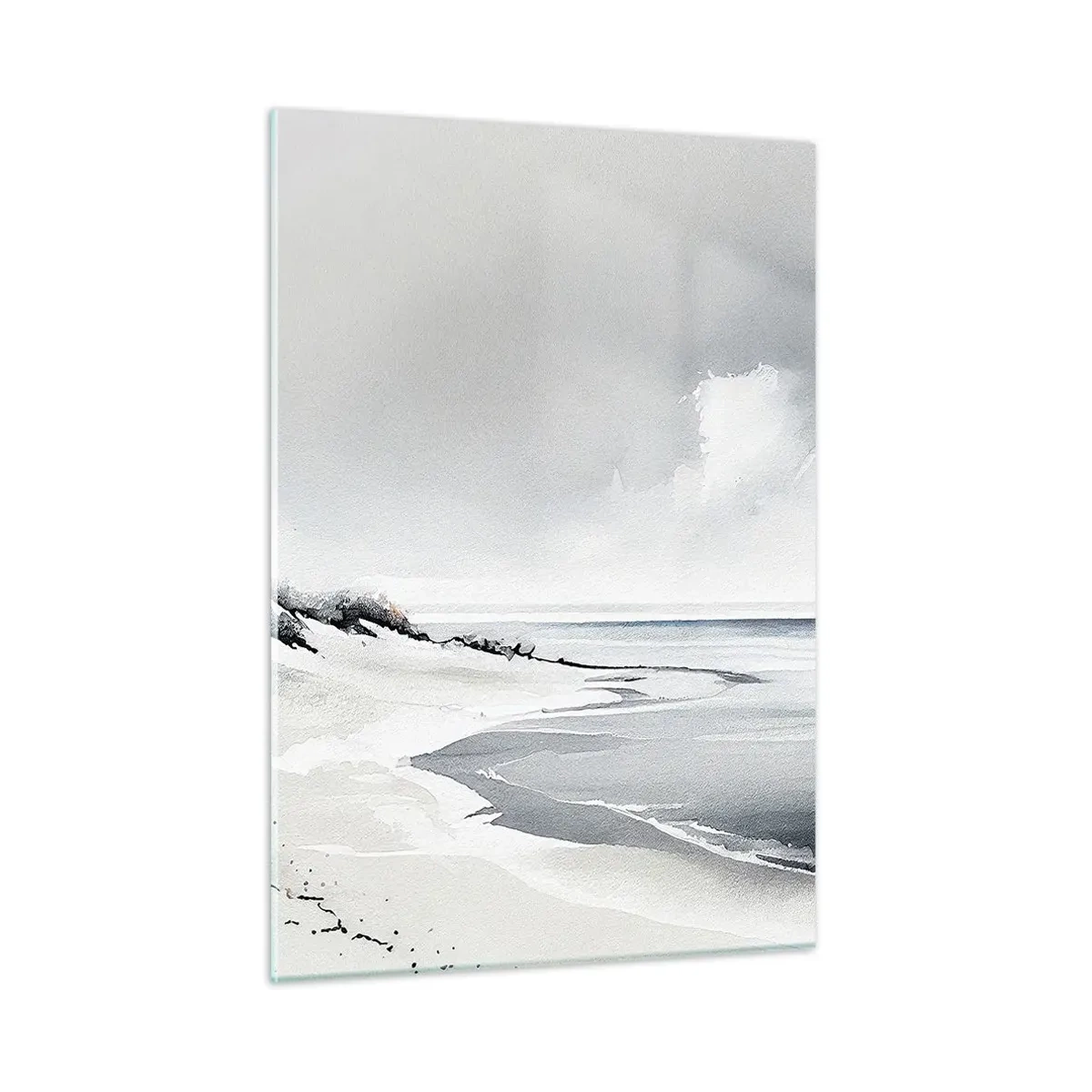 Impression sur verre - Image sur verre - Plage noire et blanche avec horizon et mer calme - 50x70cm - Ensemble depuis toujours - Décoration murale moderne pour le salon et la chambre ARTTOR