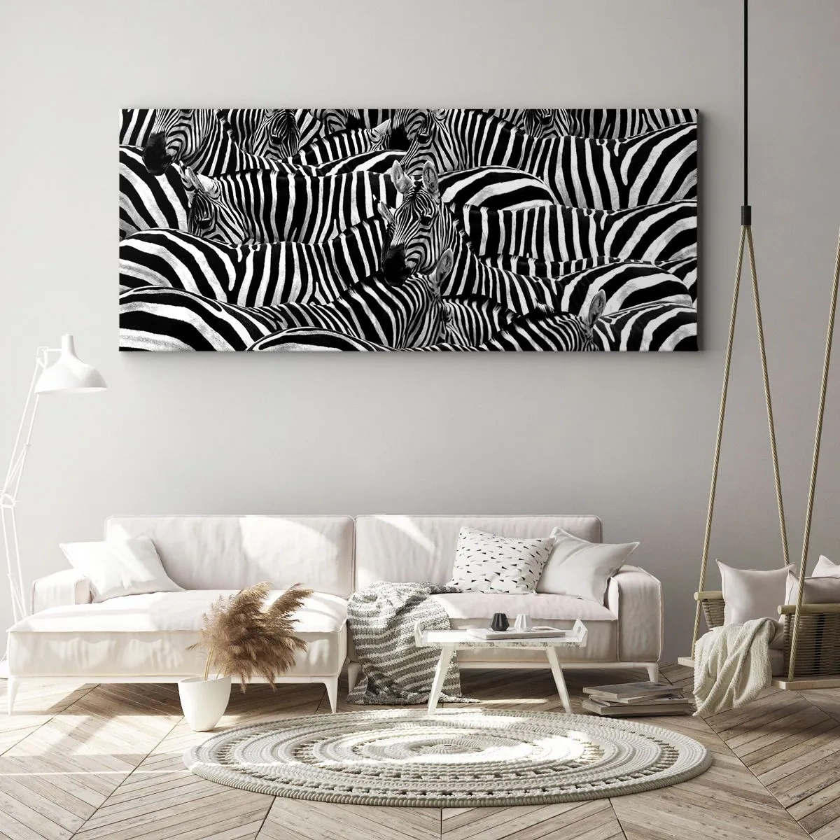 Impression sur toile - Image sur toile - Un groupe de zèbres avec des rayures noires et blanches créant un motif de symétrie. - 120x50cm - Portrait collectif à rayures - Décoration murale moderne pour le salon et la chambre ARTTOR