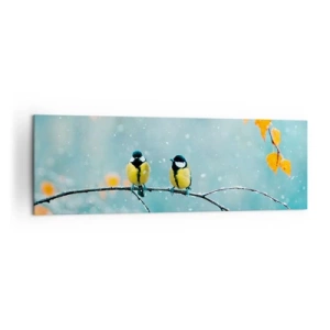 Impression sur toile - Image sur toile - Deux oiseaux sur une branche dans un décor hivernal avec des feuilles jaunes. - 160x50cm - Potins d'oiseaux - Décoration murale moderne pour le salon et la chambre ARTTOR