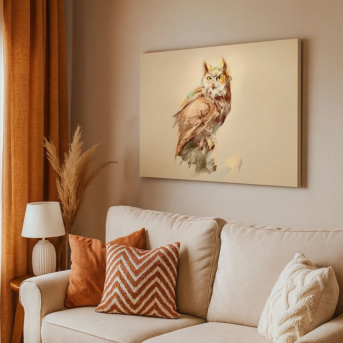 Impression sur toile - Image sur toile - Portrait artistique d'un hibou sur un fond clair dans des tons chauds. - 70x50cm - Le hibou le plus intelligent - confirmera la forêt de chênes - Décoration murale moderne pour le salon et la chambre ARTTOR