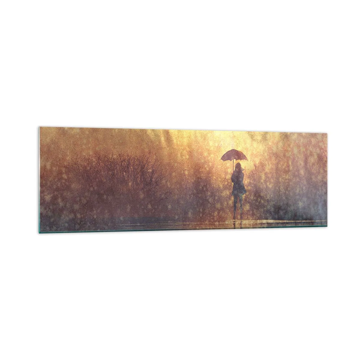 Impression sur verre - Image sur verre - Une silhouette avec un parapluie dans un paysage brumeux plein de reflets - 160x50cm - Je sens que quelqu'un me regarde - Décoration murale moderne pour le salon et la chambre ARTTOR