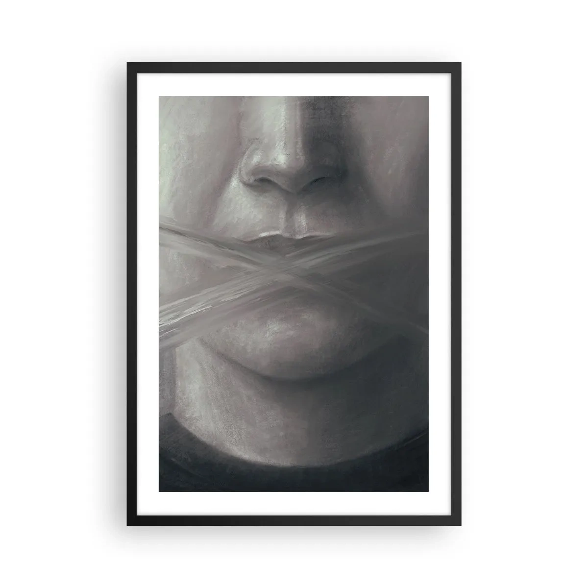 Affiche dans un cadre noir - Poster - Un visage symbolique avec une bouche couverte aux couleurs monochromes. - 50x70cm - Sans mot - Décoration murale moderne pour le salon et la chambre ARTTOR