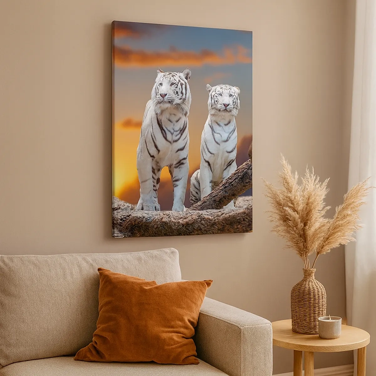 Impression sur toile - Image sur toile - Tigres blancs au soleil couchant sur fond de nature - 50x70cm - Tout comme à Narnia - Décoration murale moderne pour le salon et la chambre ARTTOR