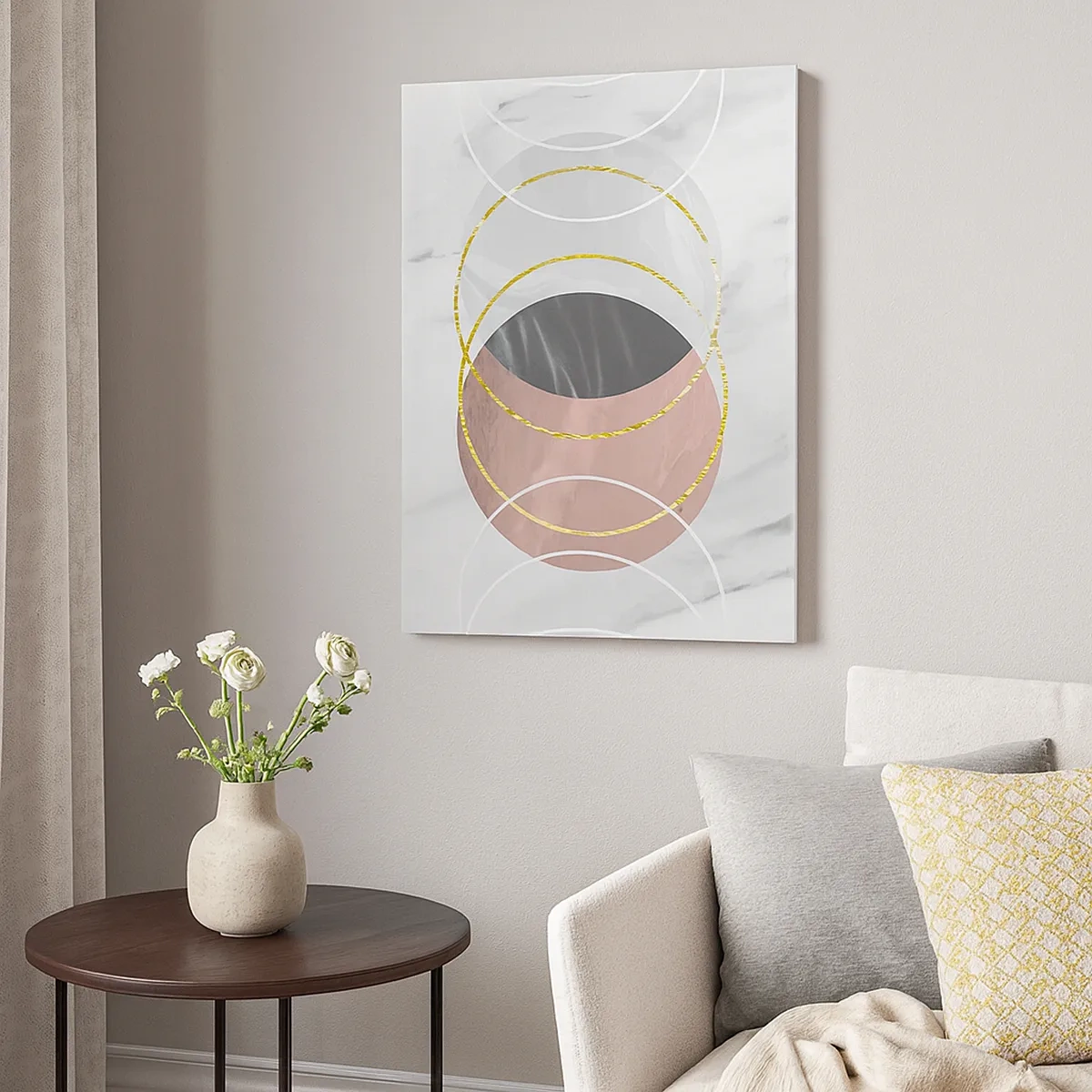 Impression sur toile - Image sur toile - Composition géométrique abstraite avec des cercles et des détails métalliques - 50x70cm - Musique des sphères - Décoration murale moderne pour le salon et la chambre ARTTOR