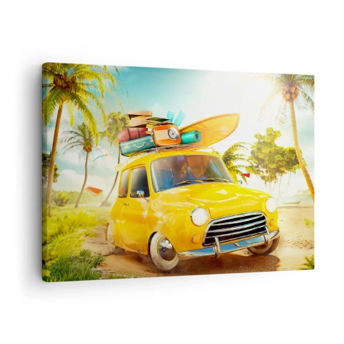 Impression sur toile - Image sur toile - Une voiture jaune avec des bagages dans un paysage tropical - 70x50cm - Un voyage pour plus d'un sourire - Décoration murale moderne pour le salon et la chambre ARTTOR
