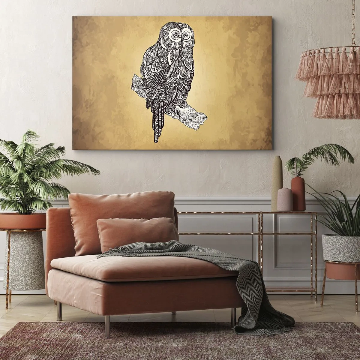 Impression sur toile - Image sur toile - Un hibou de style ornemental sur fond beige - 70x50cm - Ornements complexes de sagesse - Décoration murale moderne pour le salon et la chambre ARTTOR