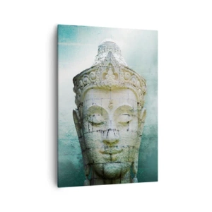 Impression sur toile - Image sur toile - Statue de Bouddha avec une douce brume sur un fond vert - 70x100cm - A la recherche de la lumière - Décoration murale moderne pour le salon et la chambre ARTTOR