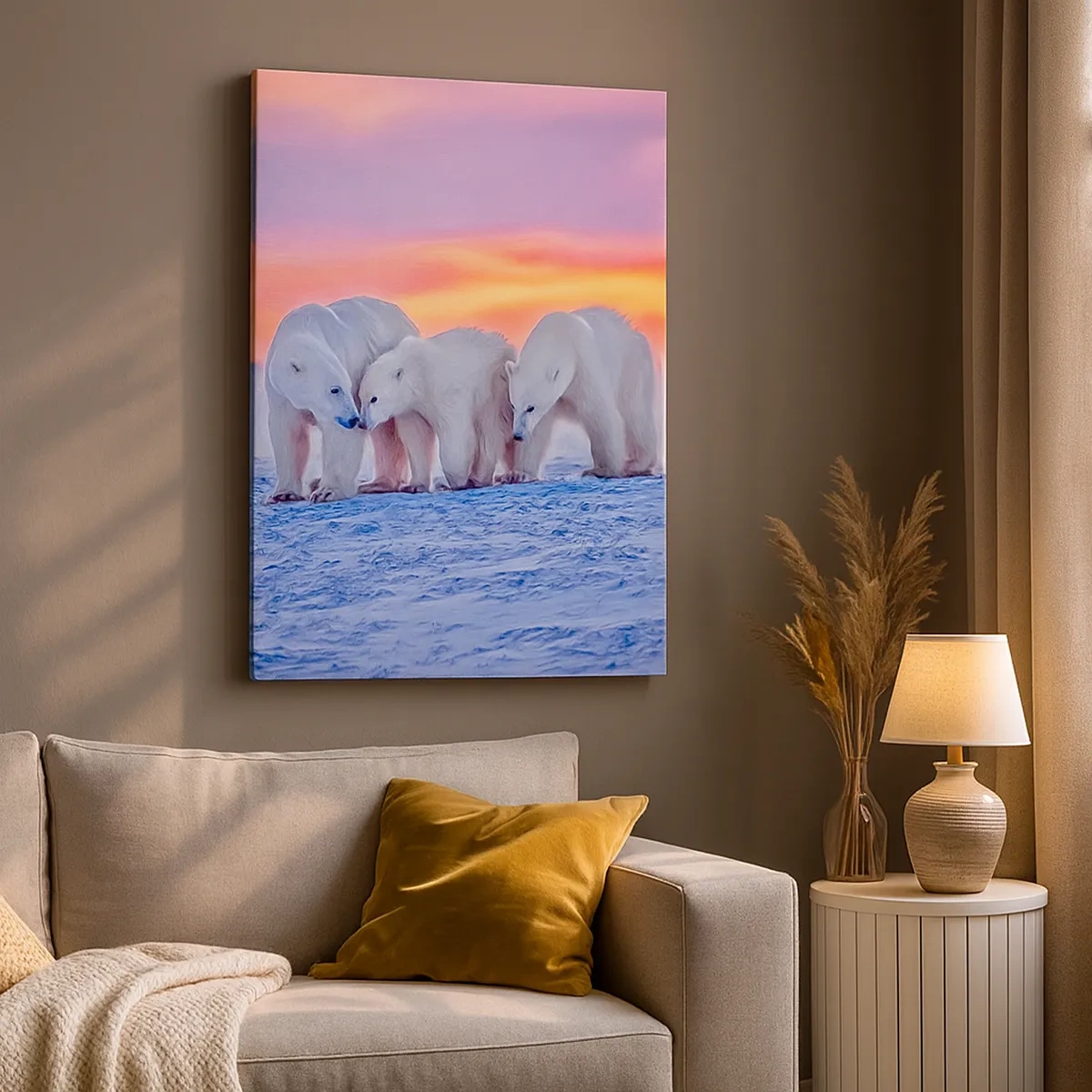 Impression sur toile - Image sur toile - Trois ours polaires sur fond de coucher de soleil arctique - 50x70cm - La chaleur familiale suffit - Décoration murale moderne pour le salon et la chambre ARTTOR