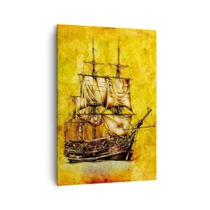 Impression sur toile - Image sur toile - Un dessin stylisé d'un voilier sur fond doré avec une touche vintage. - 70x100cm - En direction de l'ile de la tortue ! - Décoration murale moderne pour le salon et la chambre ARTTOR