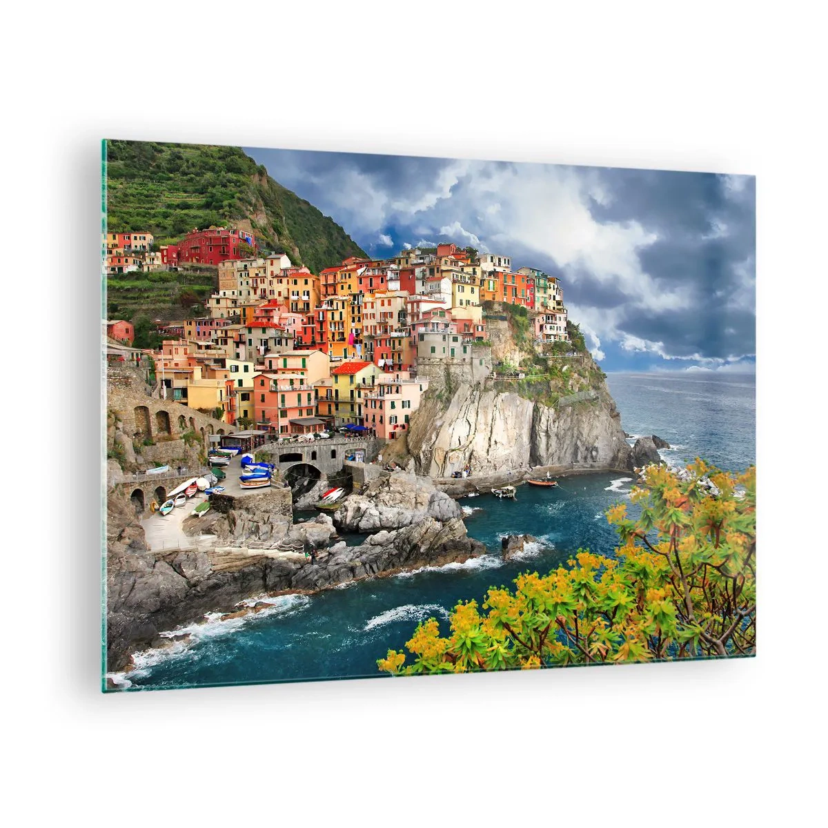 Impression sur verre - Image sur verre - Une ville colorée sur une falaise au bord de la mer - 70x50cm - Un groupe embrassant les rochers - Décoration murale moderne pour le salon et la chambre ARTTOR