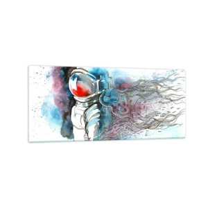 Impression sur verre - Image sur verre - Un cosmonaute dans une aquarelle dynamique avec des détails cosmiques - 120x50cm - Seul avec l'espace - Décoration murale moderne pour le salon et la chambre ARTTOR