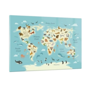 Impression sur verre - Image sur verre - Une carte du monde colorée avec des illustrations d'animaux de différents continents. - 120x80cm - De bons voisins - Décoration murale moderne pour le salon et la chambre ARTTOR