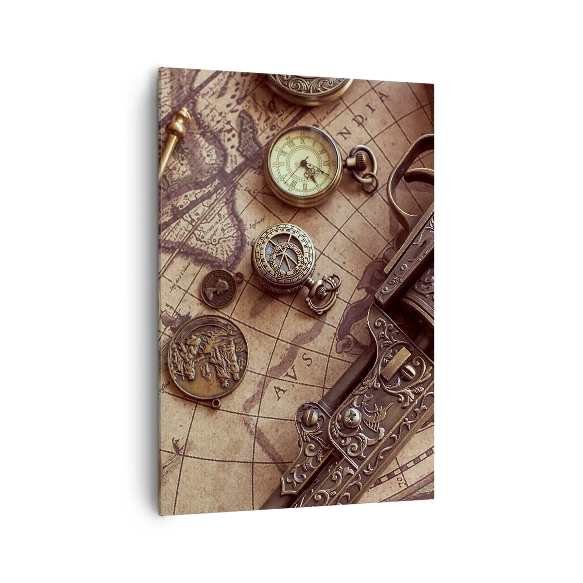 Impression sur toile - Image sur toile - Objets anciens sur une vieille carte dans un style rétro - 70x100cm - L'aventure appelle - Décoration murale moderne pour le salon et la chambre ARTTOR