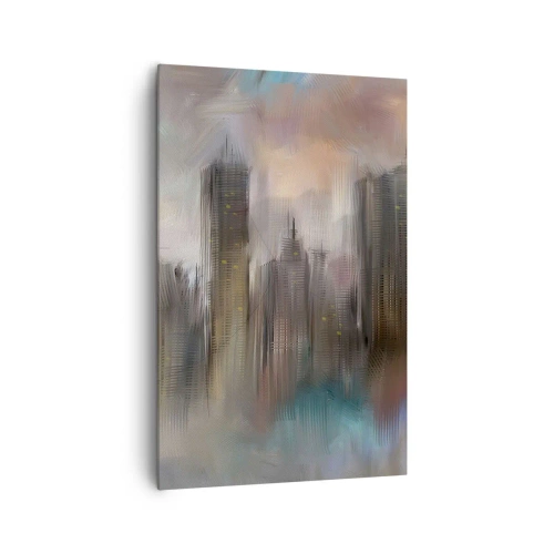 Impression sur toile - Image sur toile - Une vision artistique d'un paysage urbain avec des gratte-ciels aux couleurs pastel. - 80x120cm - Une composition d'acier, de pierre et de brouillard - Décoration murale moderne pour le salon et la chambre ARTTOR