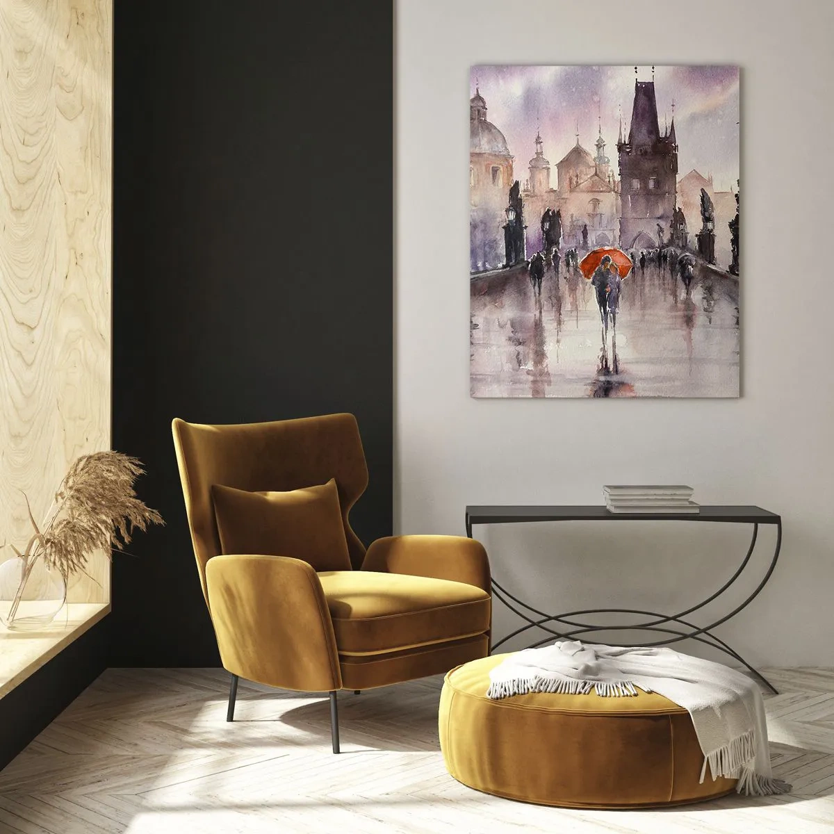 Impression sur verre - Image sur verre - Marcher sous la pluie sur un pont avec un parapluie orange - 50x70cm - Les gens ne changent pas - Décoration murale moderne pour le salon et la chambre ARTTOR
