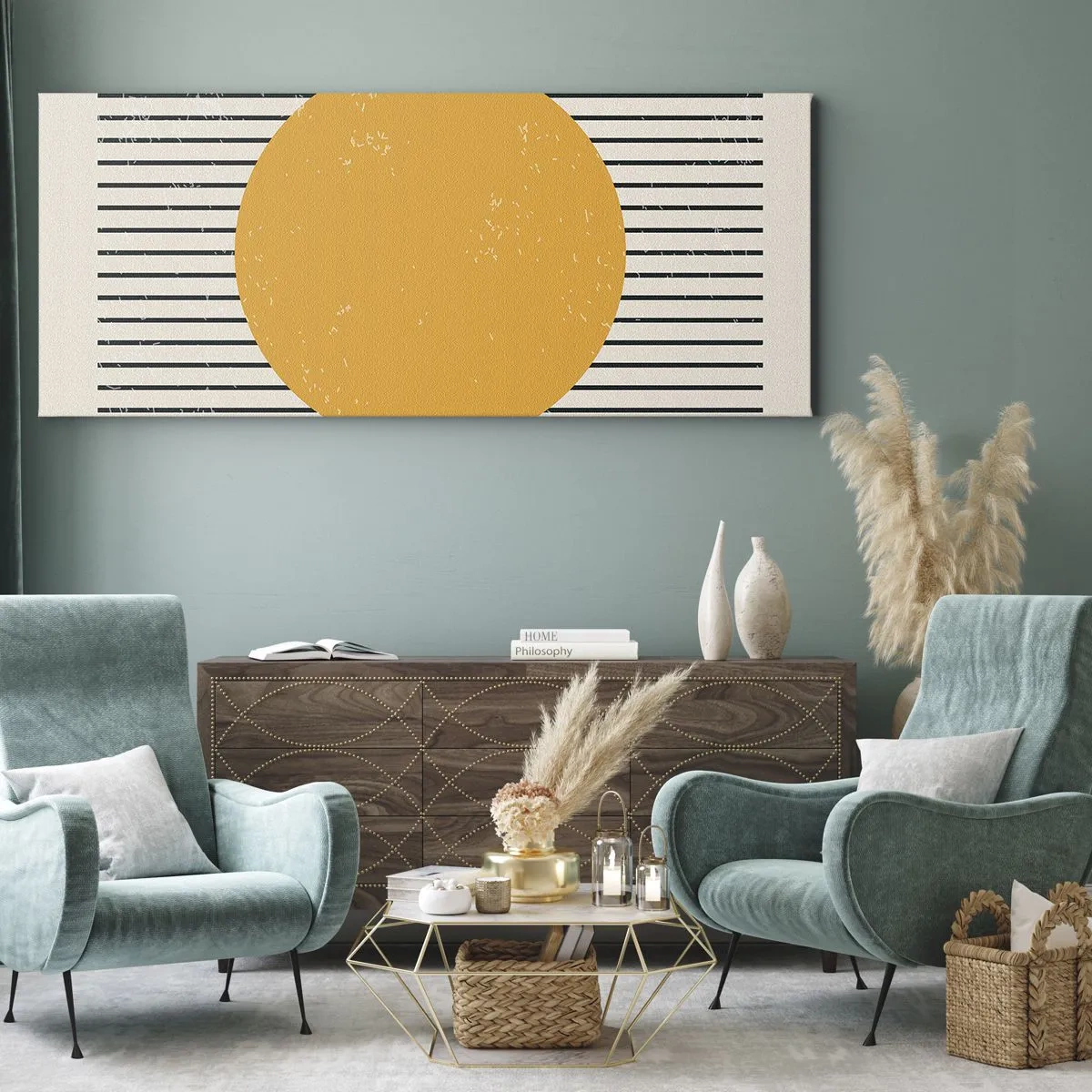 Impression sur toile - Image sur toile - Un cercle jaune sur un fond de lignes horizontales noires et blanches - 140x50cm - Le pouvoir de la simplicité - Décoration murale moderne pour le salon et la chambre ARTTOR