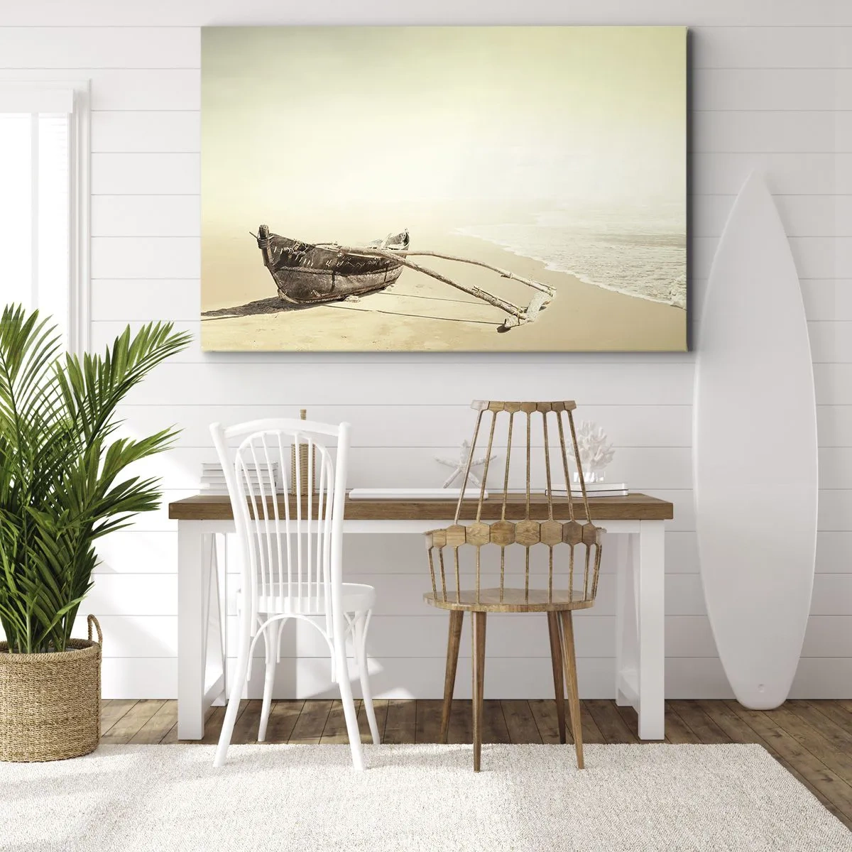Impression sur toile - Image sur toile - Vieux bateau de pêche sur une plage de sable - 70x50cm - Mémoire des mers du sud - Décoration murale moderne pour le salon et la chambre ARTTOR