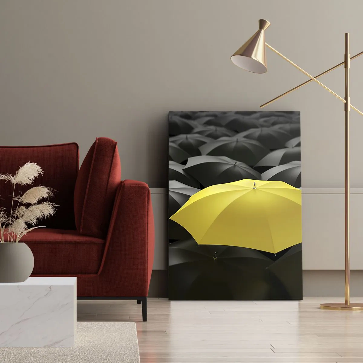 Impression sur toile - Image sur toile - Un parapluie jaune parmi des parapluies noirs - 80x120cm - Adieu chagrin - Décoration murale moderne pour le salon et la chambre ARTTOR
