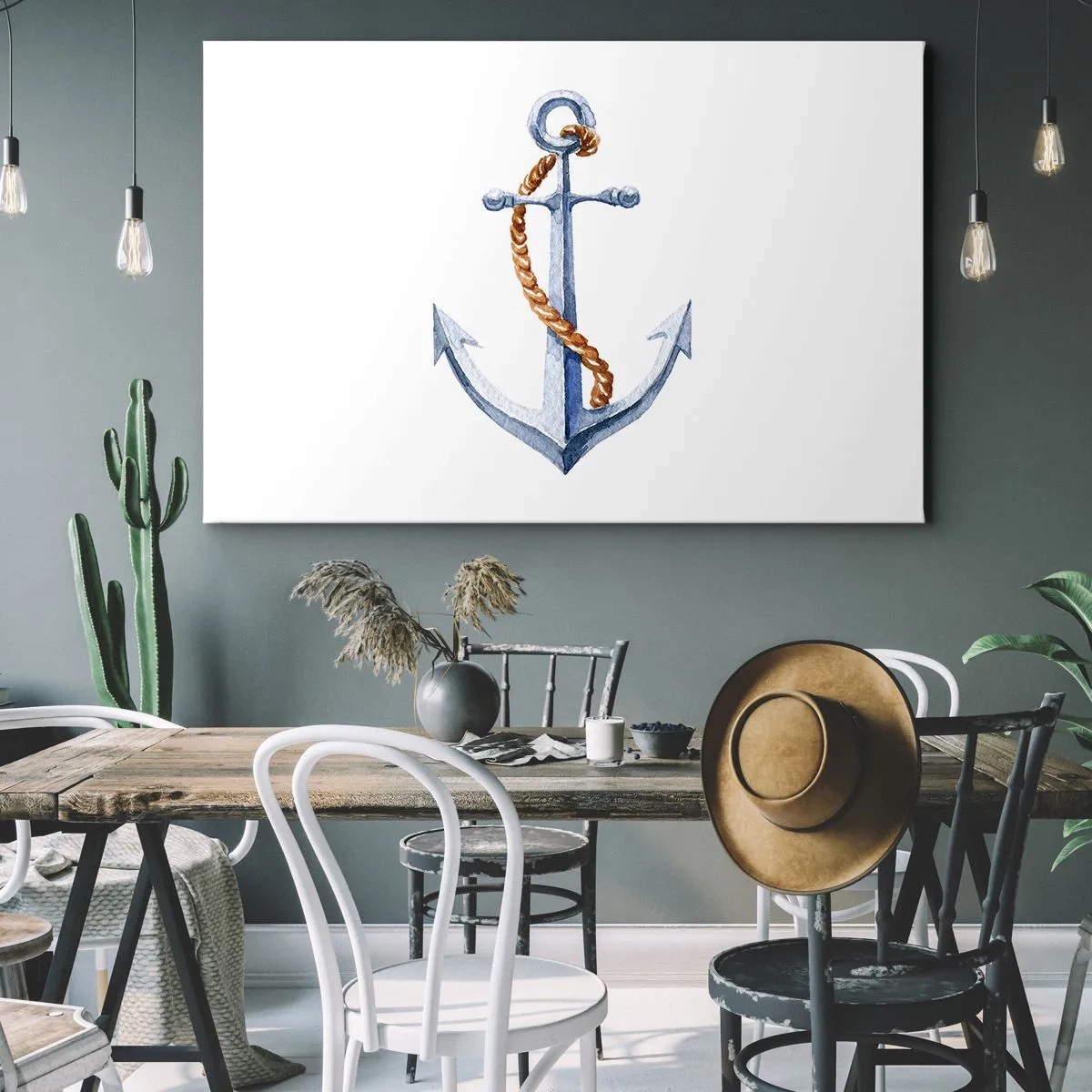 Impression sur toile - Image sur toile - Ancre avec corde dans un style aquarelle - 70x50cm - Ah l'aventure ! - Décoration murale moderne pour le salon et la chambre ARTTOR