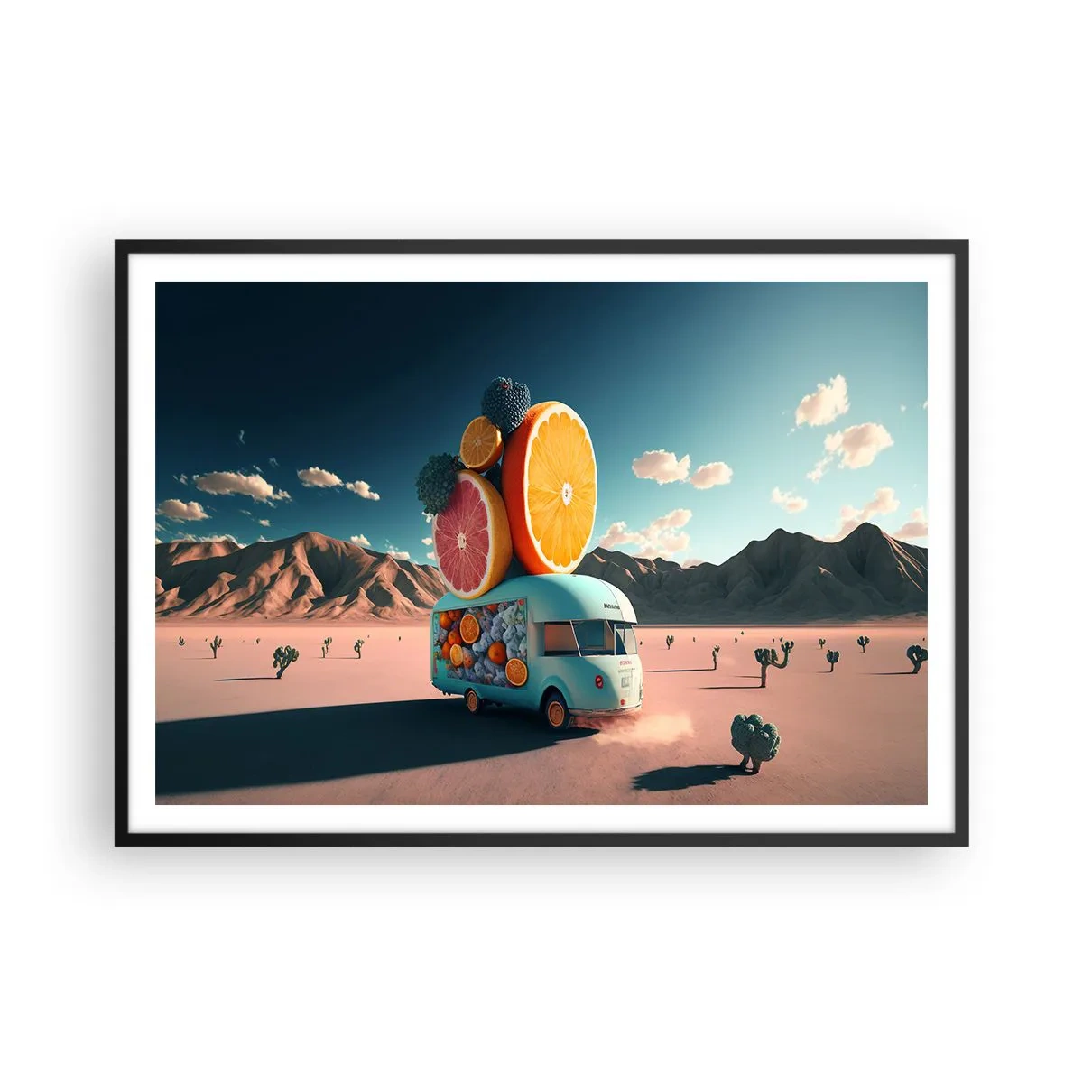 Affiche dans un cadre noir - Poster - Camion de fruits dans un paysage désertique - 100x70cm - Le goût des vacances - Décoration murale moderne pour le salon et la chambre ARTTOR