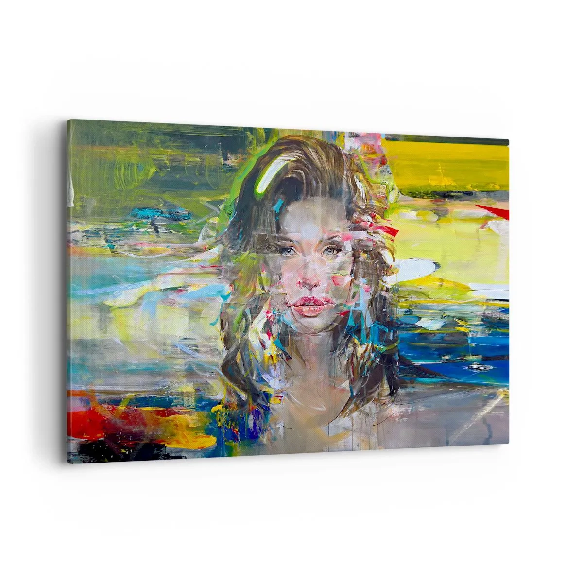 Impression sur toile - Image sur toile - Portrait abstrait d'une femme aux couleurs intenses - 120x80cm - Derrière l'air, un rideau - Décoration murale moderne pour le salon et la chambre ARTTOR