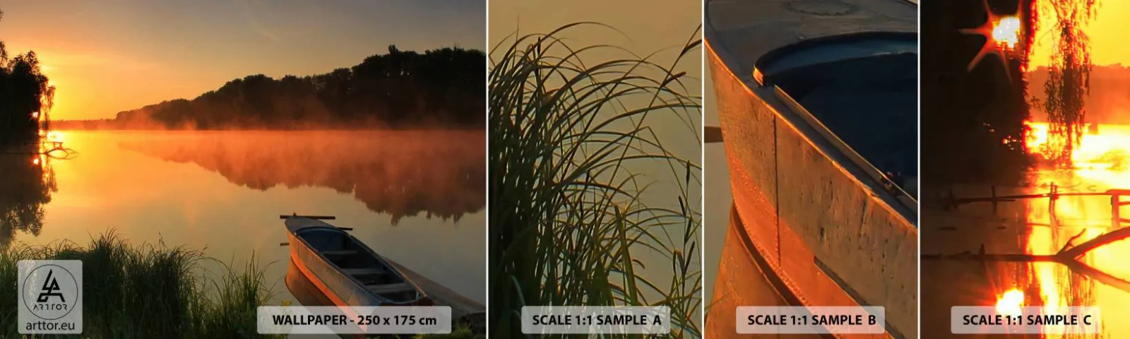 Échantillon de Papier Peint Autocollant Deluxe Sticker - Lever du soleil sur l'eau comme un miroir - Paysage, Lac, Matin - 100x30 cm