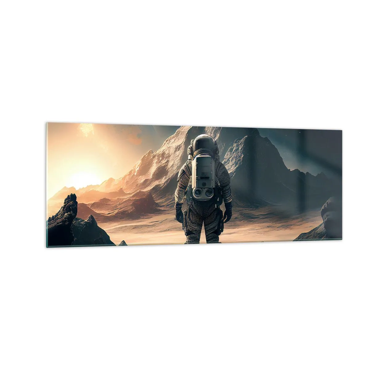 Impression sur verre - Image sur verre - Astronaute sur fond de montagnes majestueuses - 140x50cm - Nouveau défi - Décoration murale moderne pour le salon et la chambre ARTTOR
