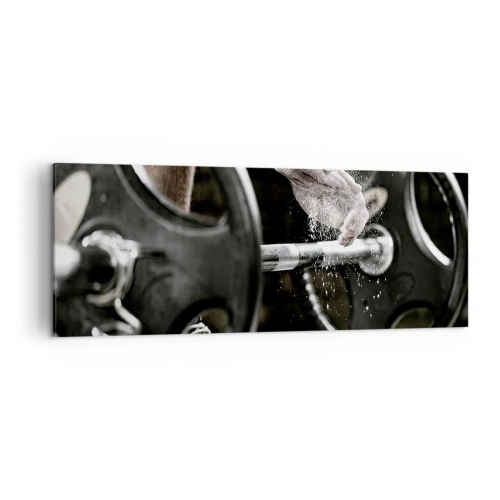 Impression sur toile - Image sur toile - Des haltères et les mains d'un athlète se préparant à l'entraînement - 140x50cm - Défi accepté! - Décoration murale moderne pour le salon et la chambre ARTTOR