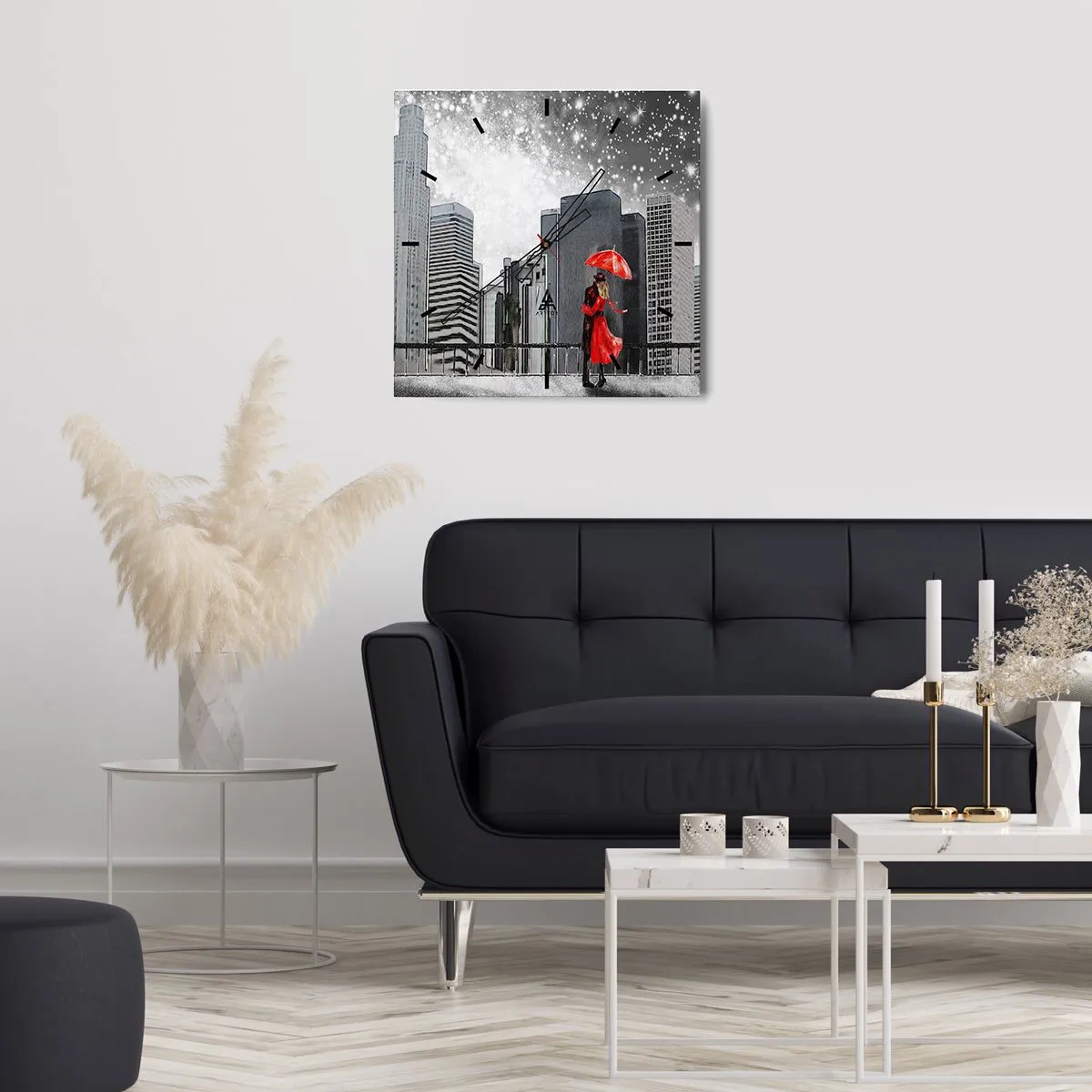 Horloge murale - Pendule murale - Un couple en rouge avec un parapluie sur fond de paysage urbain - 30x30cm - L'homme n'est pas une pierre - Décoration murale moderne pour le salon et la chambre ARTTOR