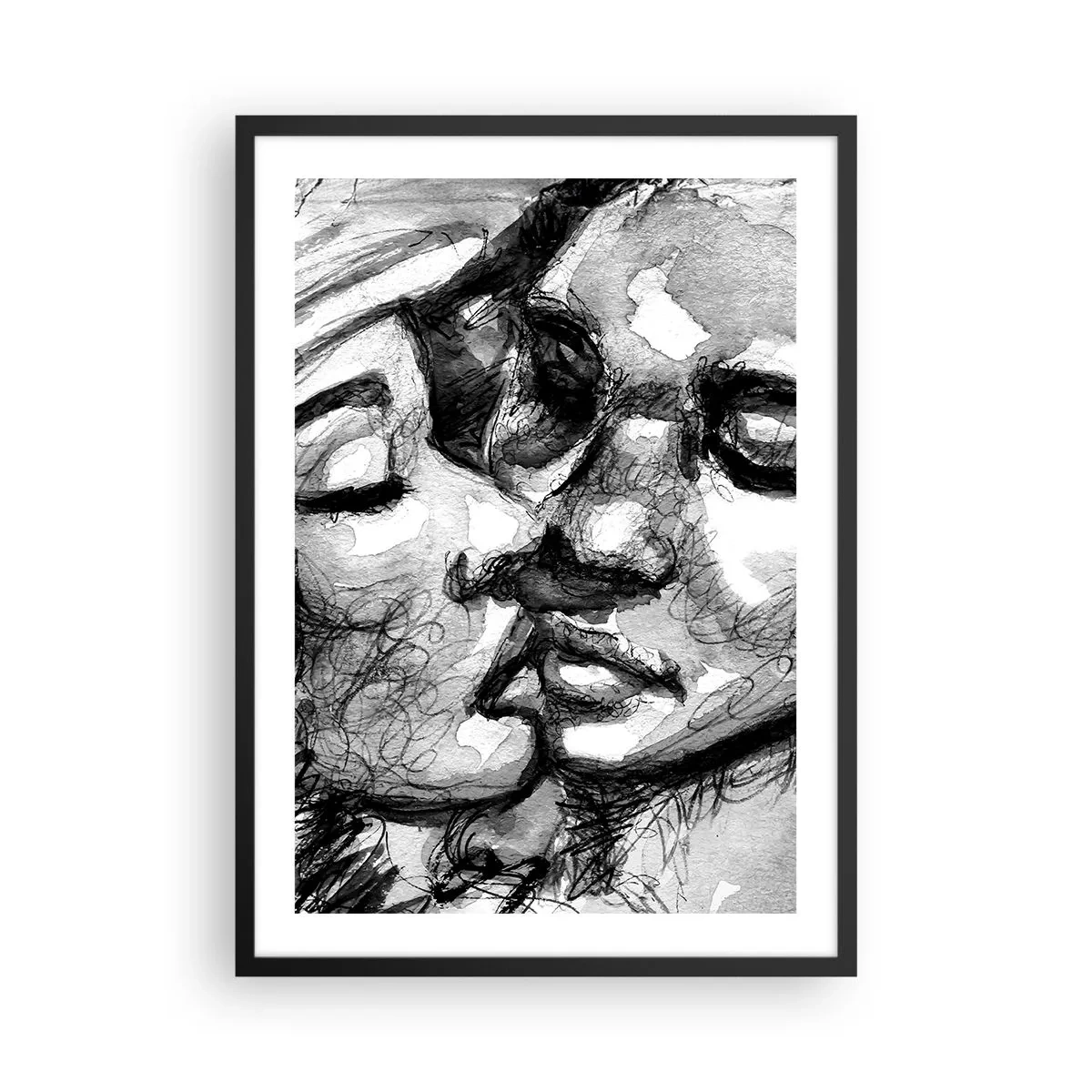 Affiche dans un cadre noir - Poster - Portrait abstrait en noir et blanc d'un baiser - 50x70cm - Un moment tendre - Décoration murale moderne pour le salon et la chambre ARTTOR