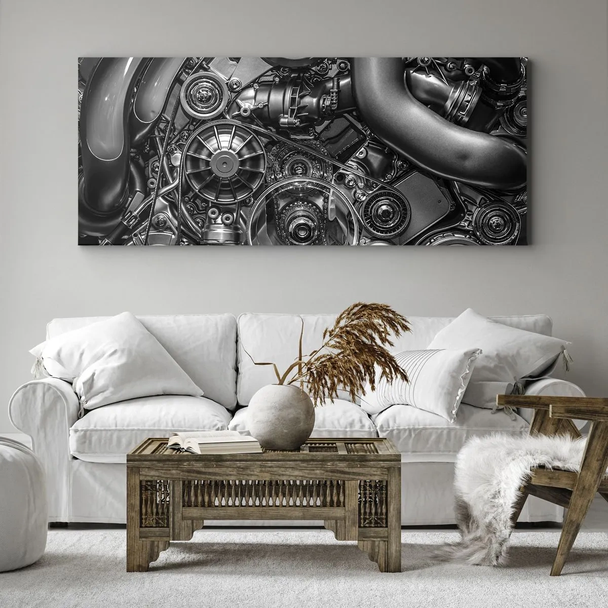 Impression sur toile - Image sur toile - Gros plan noir et blanc des détails mécaniques d'un moteur de voiture. - 140x50cm - Poésie mécanique - Décoration murale moderne pour le salon et la chambre ARTTOR