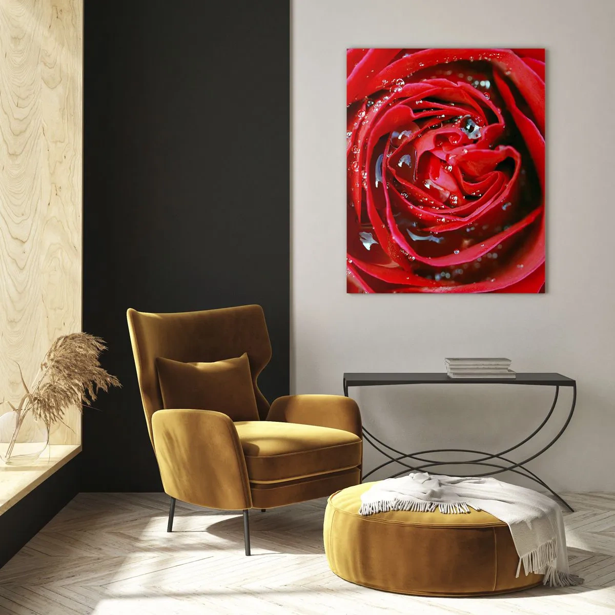 Impression sur verre - Image sur verre - Gros plan d'une rose rouge avec des gouttes d'eau sur les pétales - 70x100cm - Dans les gouttes de rosée - Décoration murale moderne pour le salon et la chambre ARTTOR