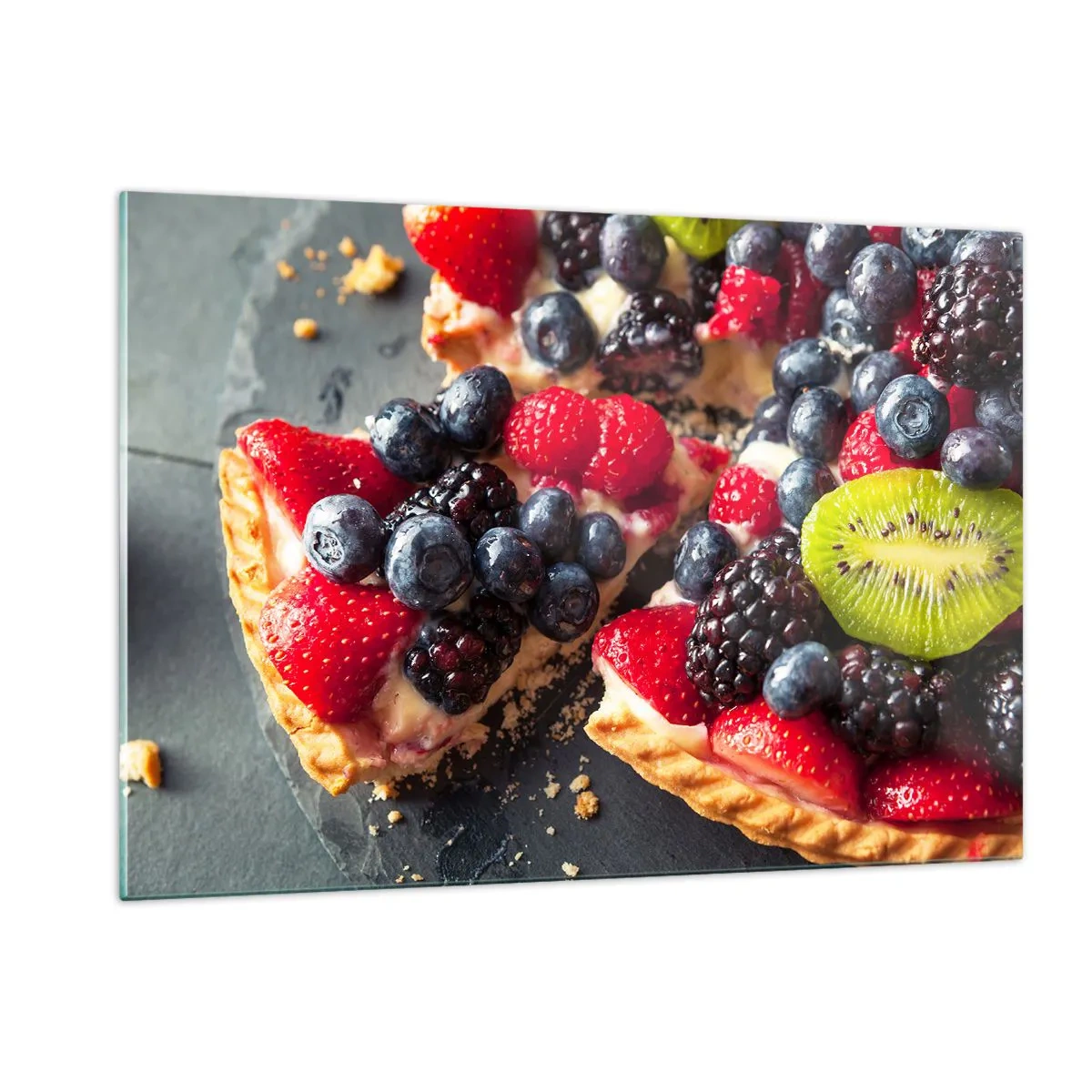 Impression sur verre - Image sur verre - Tarte aux fruits aux myrtilles, kiwi et fraises - 120x80cm - Dolce vita! - Décoration murale moderne pour le salon et la chambre ARTTOR