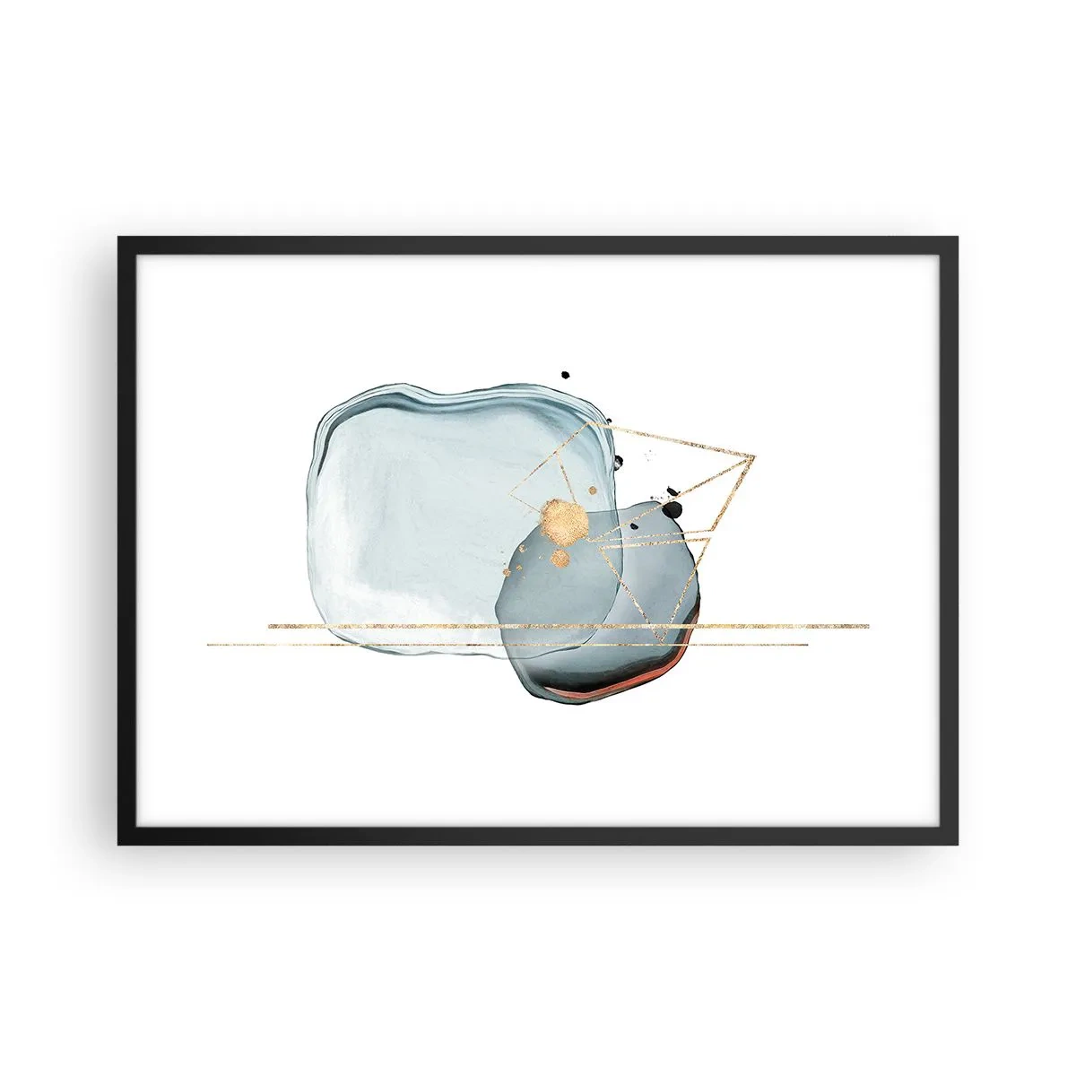 Affiche dans un cadre noir - Poster - Formes abstraites dans des tons de bleu et d'or sur fond blanc - 70x50cm - Etude des gouttes - Décoration murale moderne pour le salon et la chambre ARTTOR