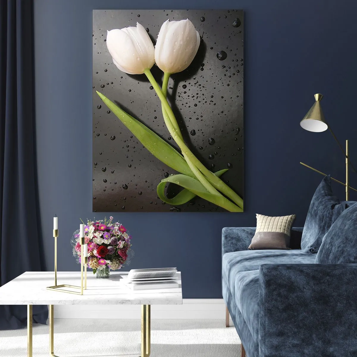 Impression sur verre - Image sur verre - Tulipes blanches sur fond de gouttes d'eau - 50x70cm - Tissage de printemps - Décoration murale moderne pour le salon et la chambre ARTTOR