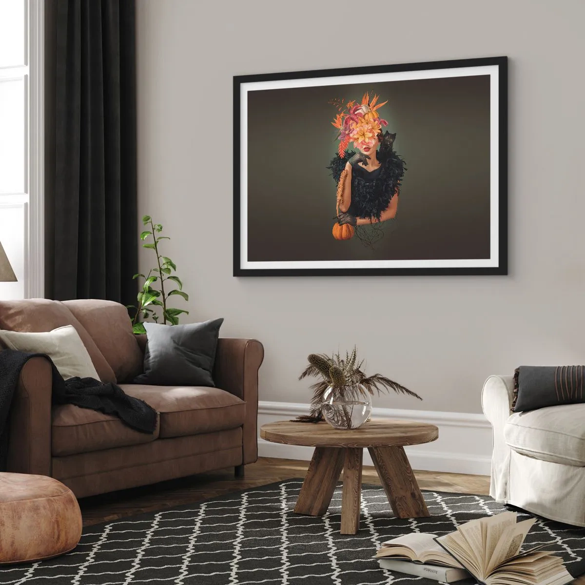 Affiche dans un cadre noir - Poster - Portrait d'une femme aux motifs d'automne et un chat - 100x70cm - Sort de sorcière - Décoration murale moderne pour le salon et la chambre ARTTOR
