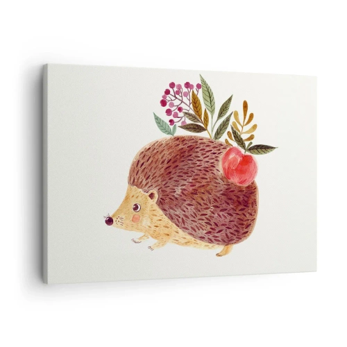 Impression sur toile - Image sur toile - Un hérisson mignon avec une pomme et des plantes dans un style illustratif - 70x50cm - Et tu m’apprécies déjà - Décoration murale moderne pour le salon et la chambre ARTTOR