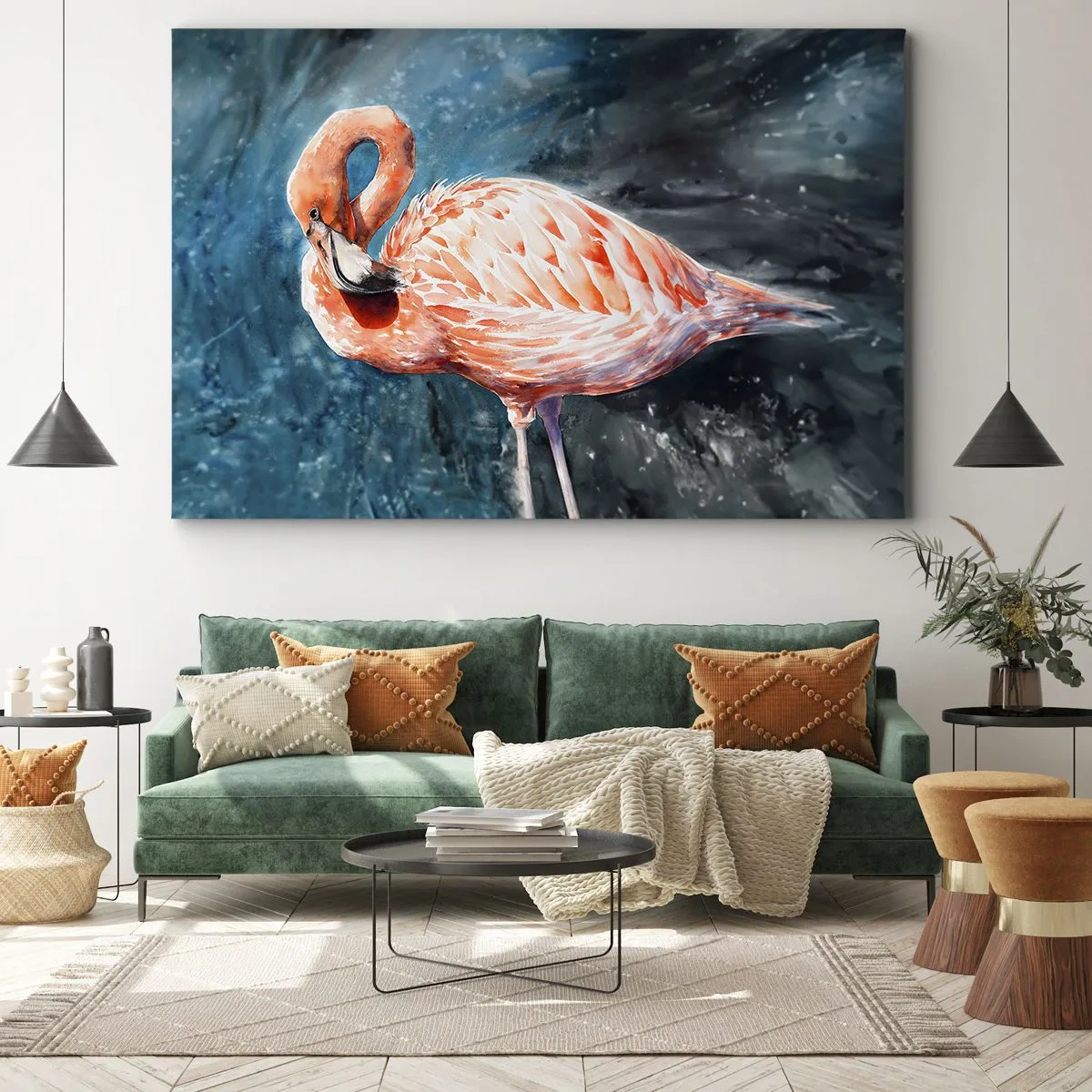 Impression sur toile - Image sur toile - Un flamant rose sur un fond bleu aquarelle - 70x50cm - Décoratif par nature - Décoration murale moderne pour le salon et la chambre ARTTOR