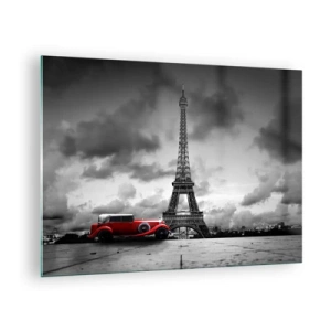 Impression sur verre - Image sur verre - Une voiture rétro rouge avec la Tour Eiffel en arrière-plan dans un décor noir et blanc. - 70x50cm - Il n'y a pas si longtemps à Paris - Décoration murale moderne pour le salon et la chambre ARTTOR